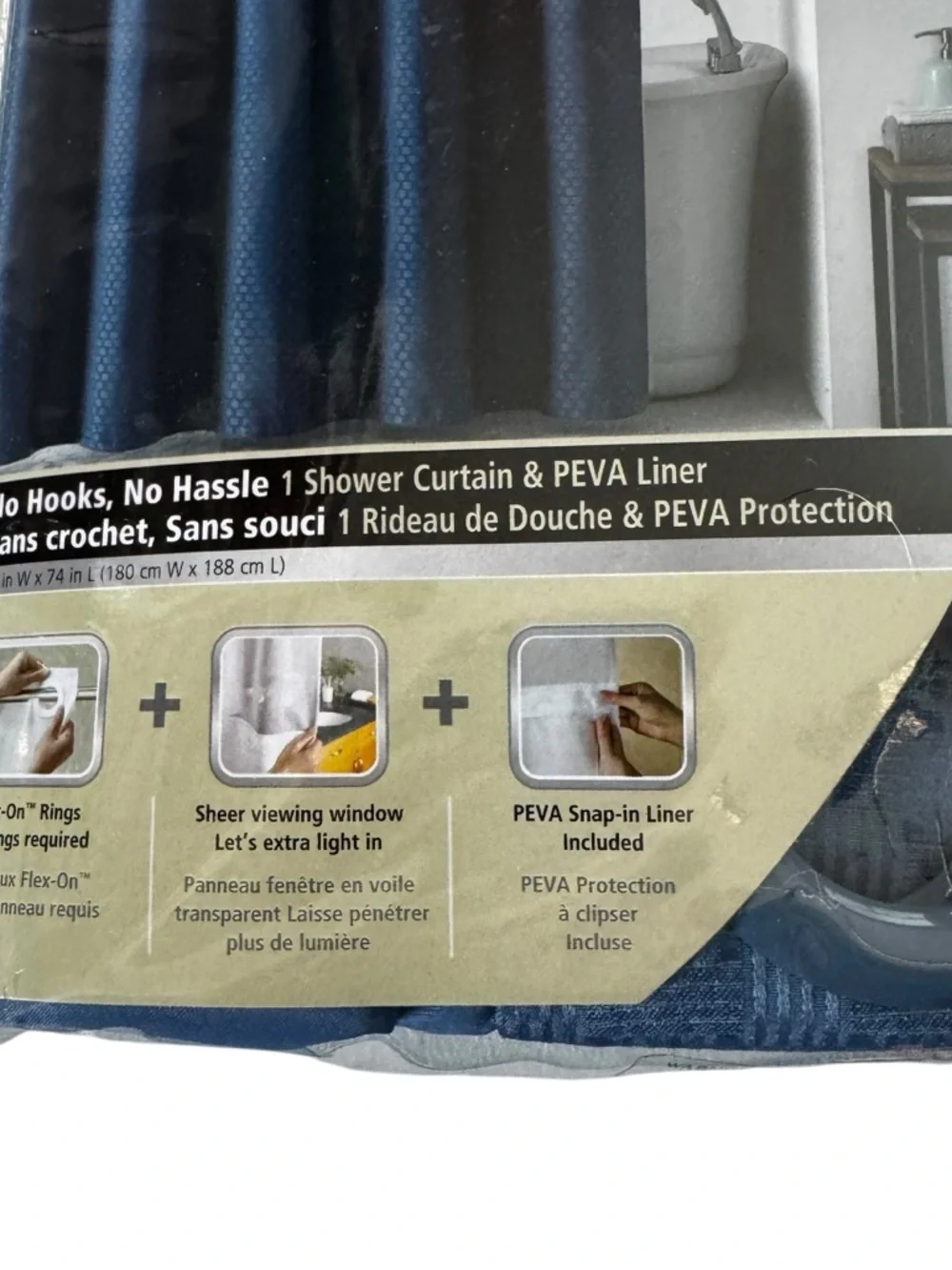 NIP Hookies Fabric Shower Curtain & PEVA Liner. Color Blue Basketweave 71” x 74”